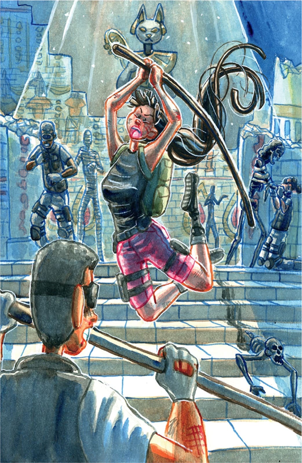 April and Zen fight mercenaries in Luxe City