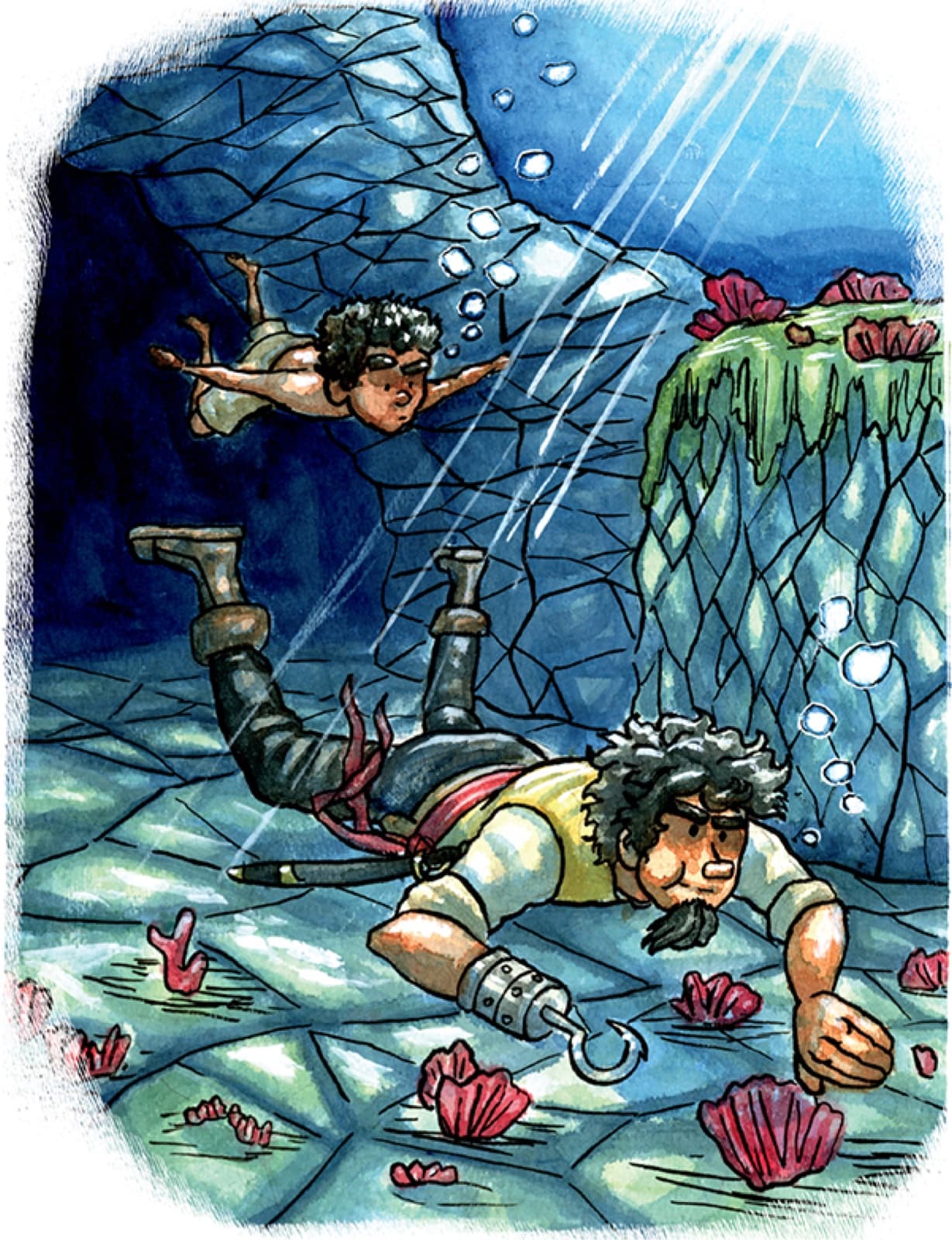 Pirate Claudio and young Enzo swim to the cave