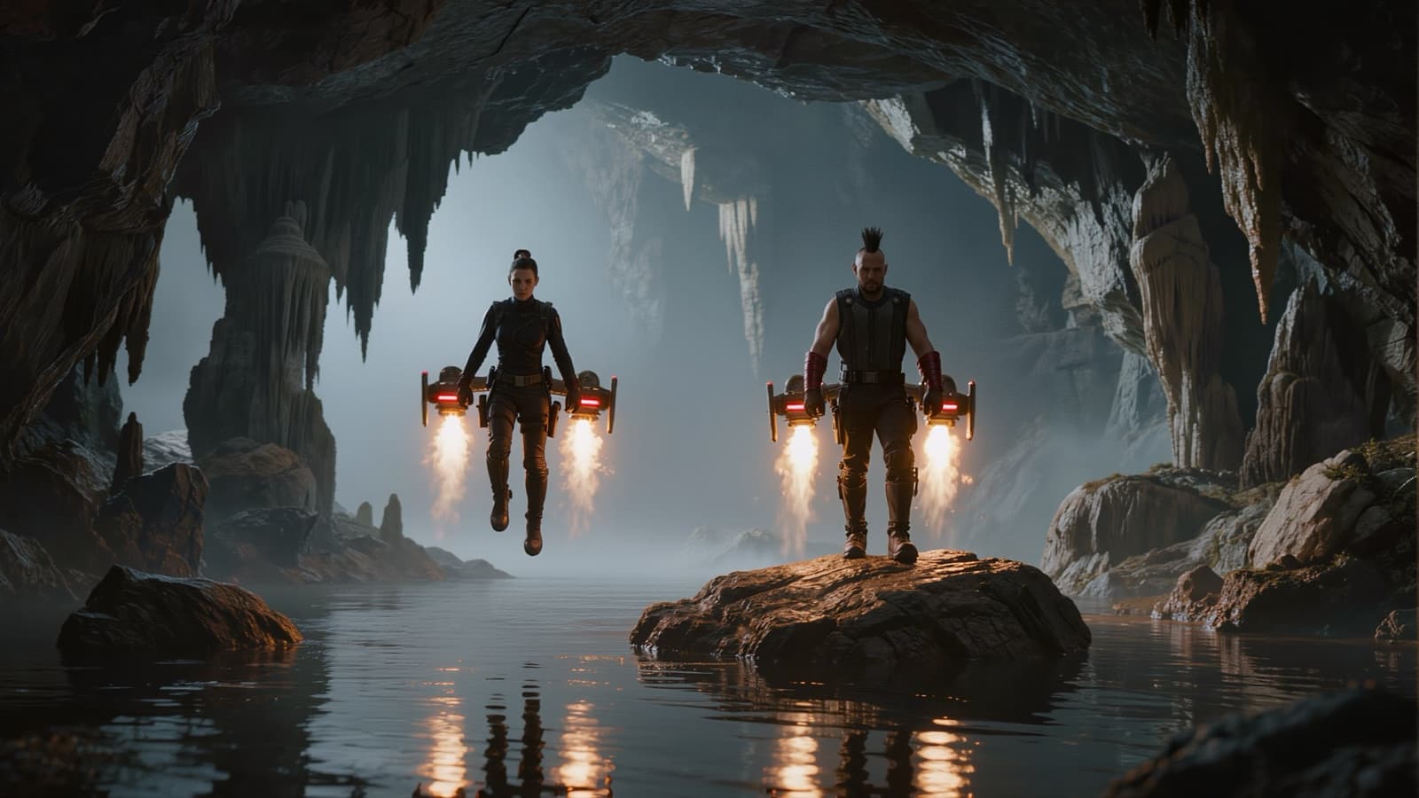 Two Syndicate operators on jetpacks, moving on the ruins.