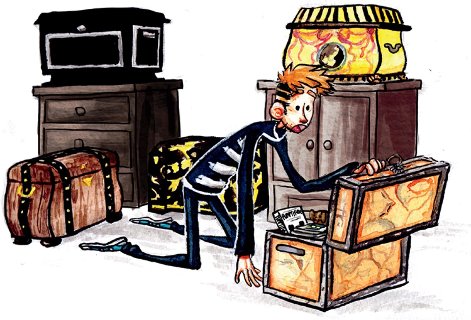 Josh as a boy digging through one of his family's life chests