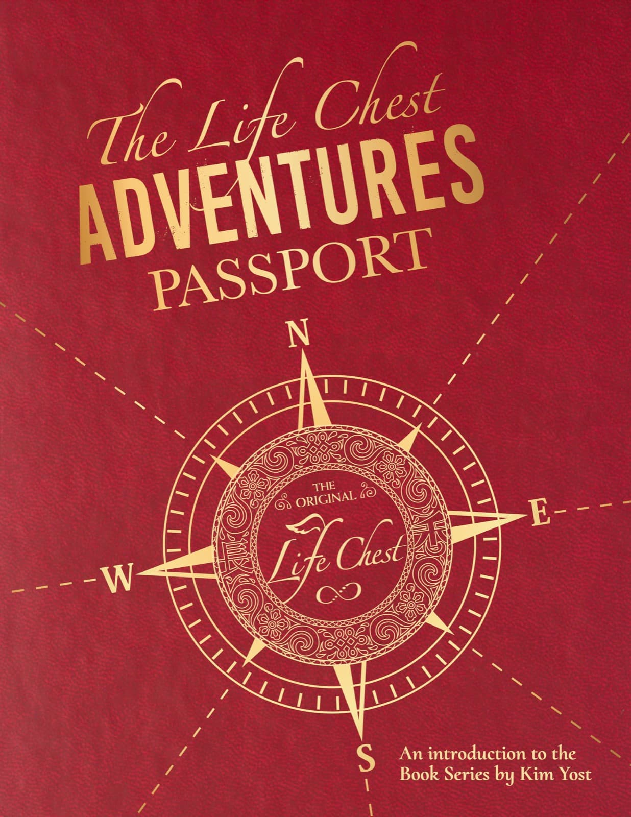 The Life Chest Adventures Passport cover. Red leather with a gold compass rose.